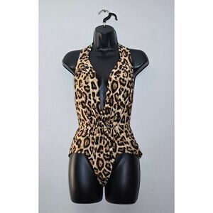 Unique Vintage Derek Swimsuit Size Small Leopard Print Deep V Pinup